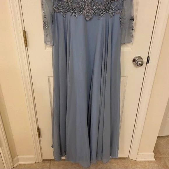 XSCAPE Petite Sequin Embellished Long Sleeve BoatNeck Chiffon Gown in Dusty Blue - Picture 6 of 10